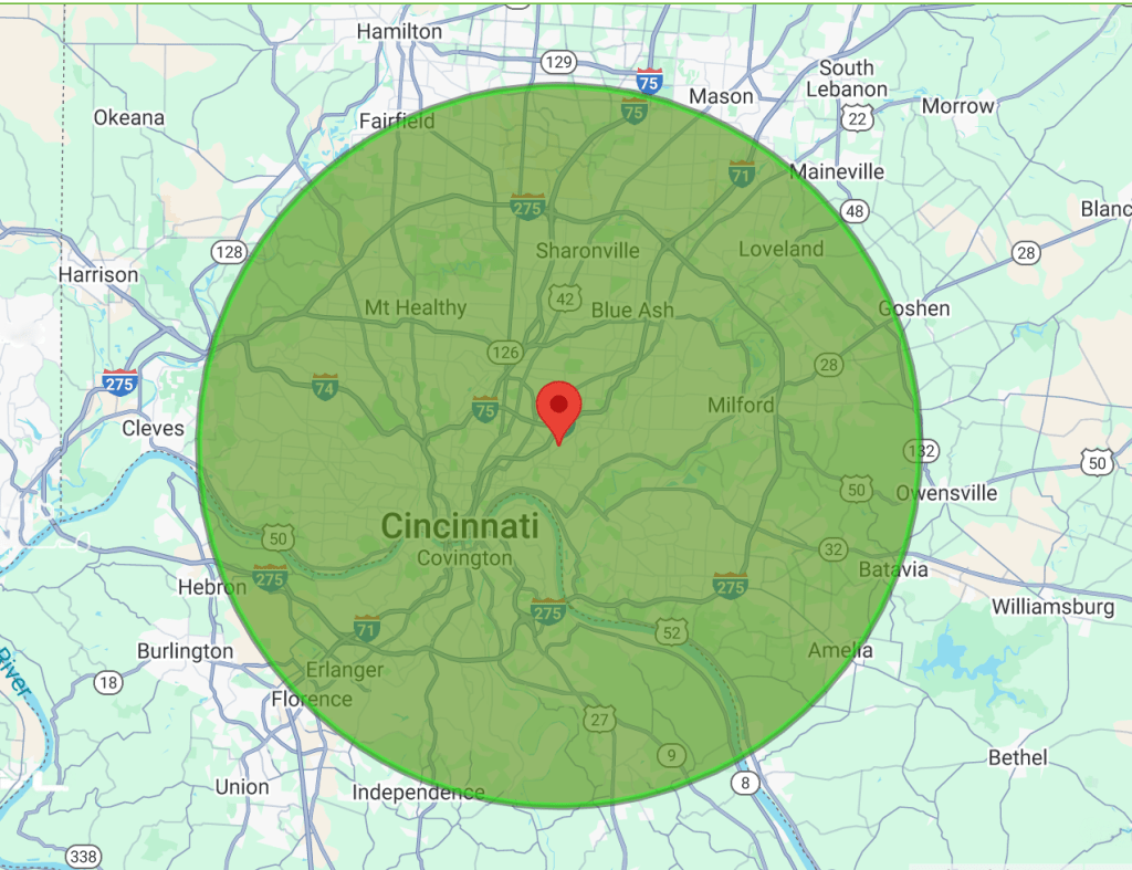 Map with 15 mile radius from Oakley, Cincinnati, OH